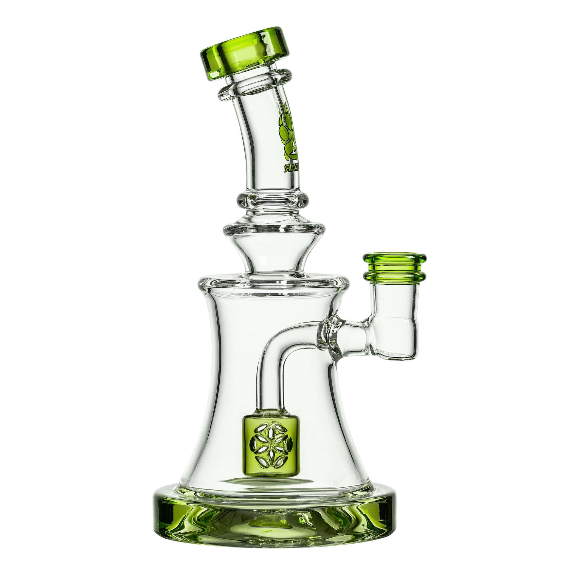 Calibear Lime Green SOL Dab Rig with dual Seed of Life percs, 6.1 inch compact borosilicate glass body, and matching color accents