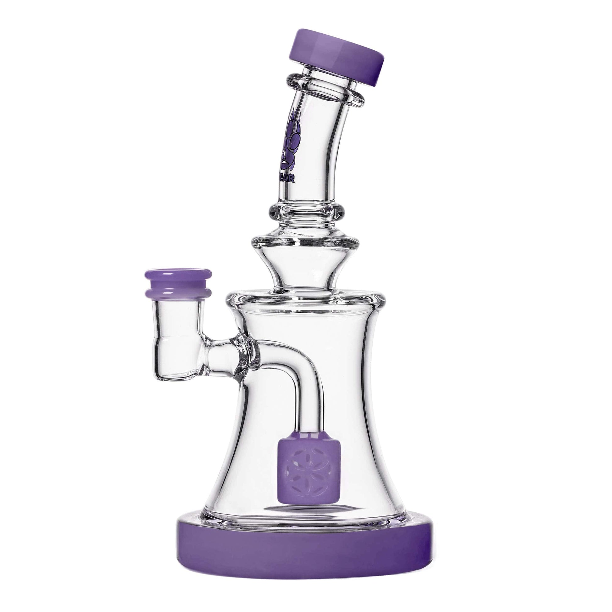 Calibear Milky purple SOL Dab Rig with dual Seed of Life percs, 6.1 inch compact borosilicate glass body, and matching color accents