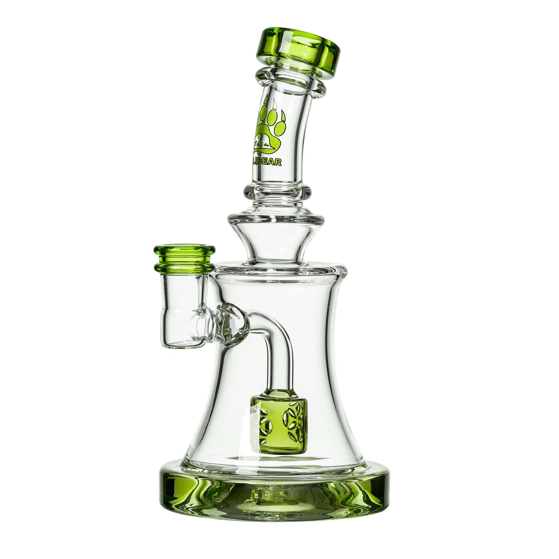 Calibear Lime Green SOL Dab Rig with dual Seed of Life percs, 6.1 inch compact borosilicate glass body, and matching color accents