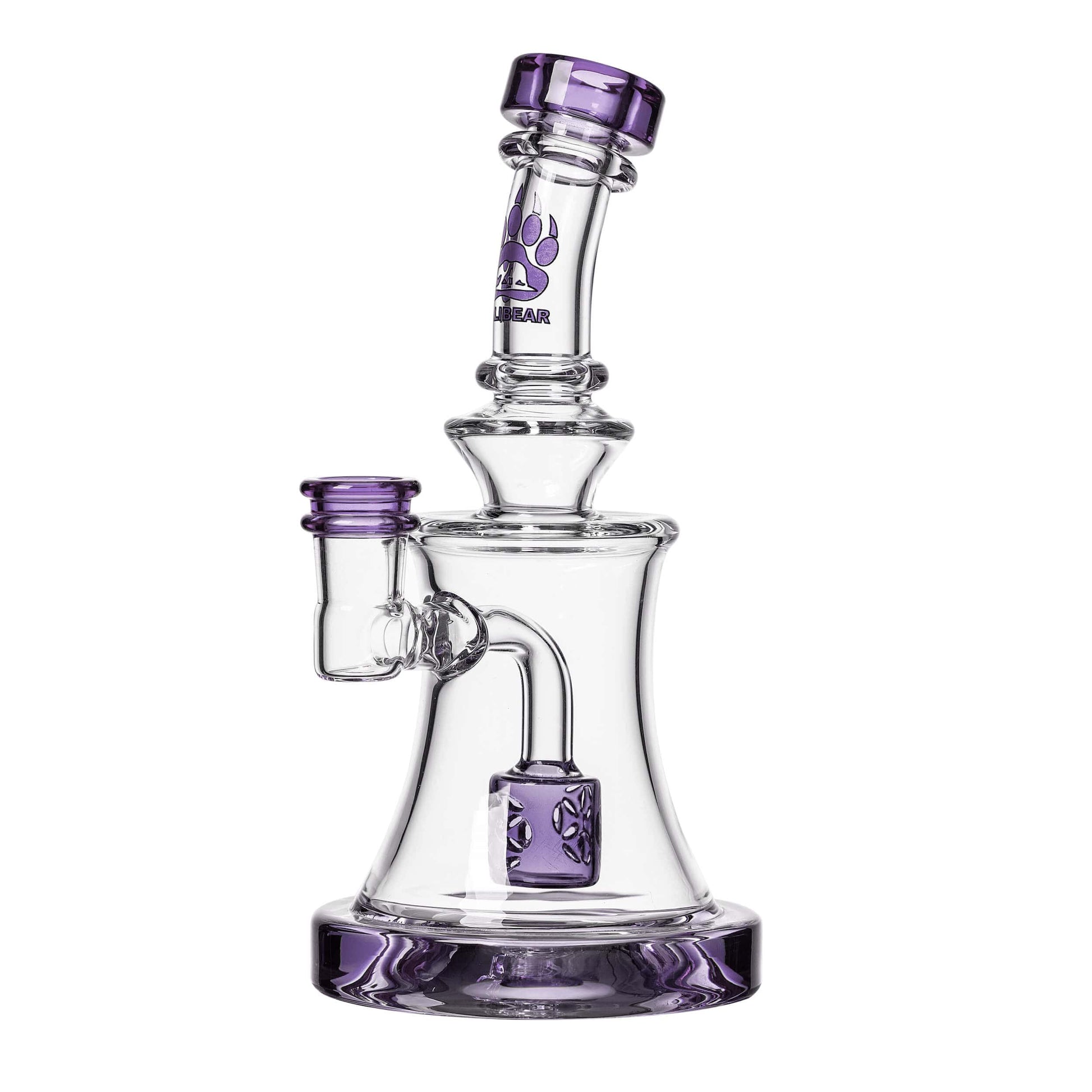 Calibear Purple SOL Dab Rig with dual Seed of Life percs, 6.1 inch compact borosilicate glass body, and matching color accents