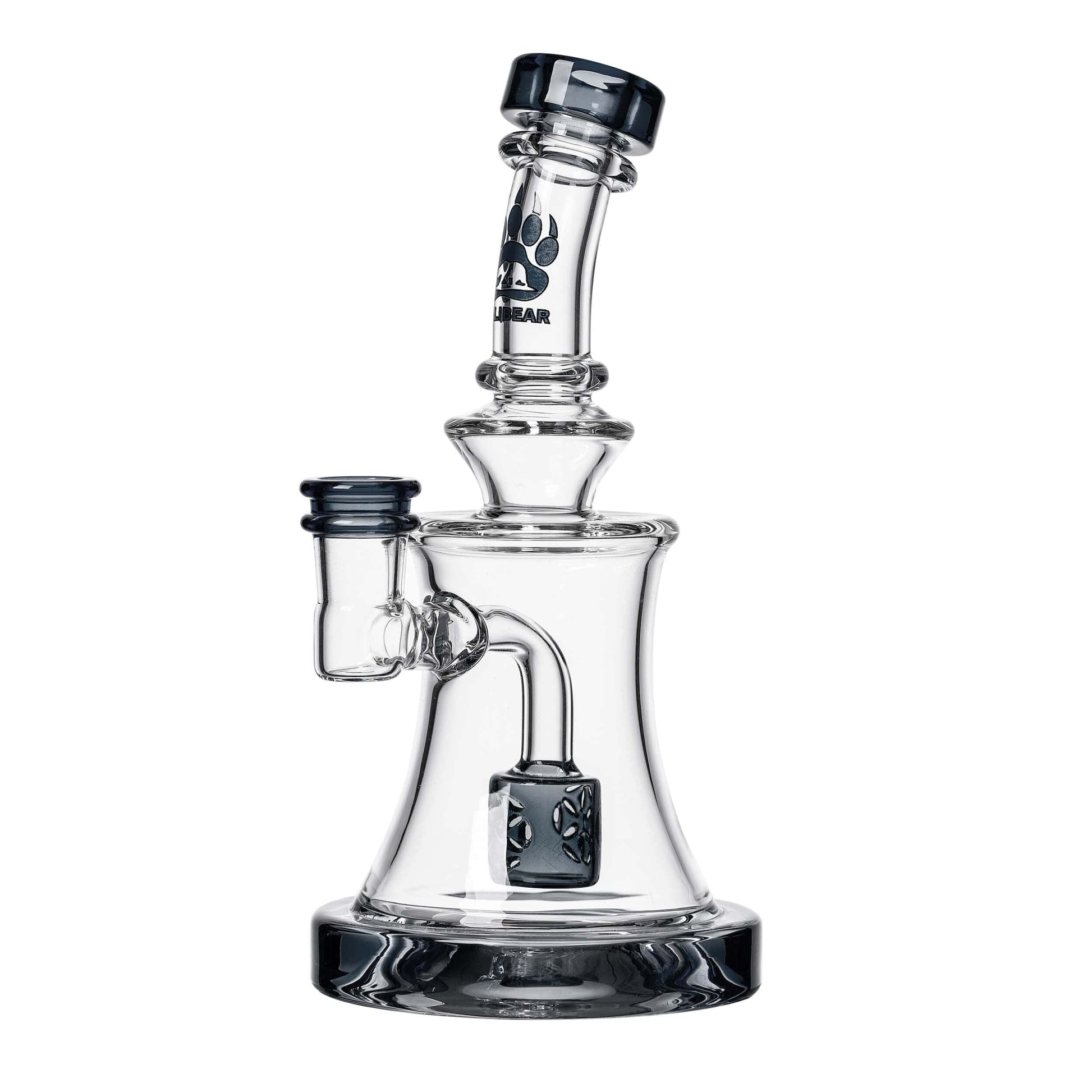 Calibear Transparent Black SOL Dab Rig with dual Seed of Life percs, 6.1 inch compact borosilicate glass body, and matching color accents