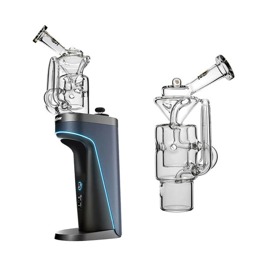 Straight Swiss Recycler Glass Attachment for Dr. Dabber Switch 2 by Calibear Glass, shown attached to a blue Switch 2 device and standalone, featuring clear borosilicate glass and intricate recycler pathways.