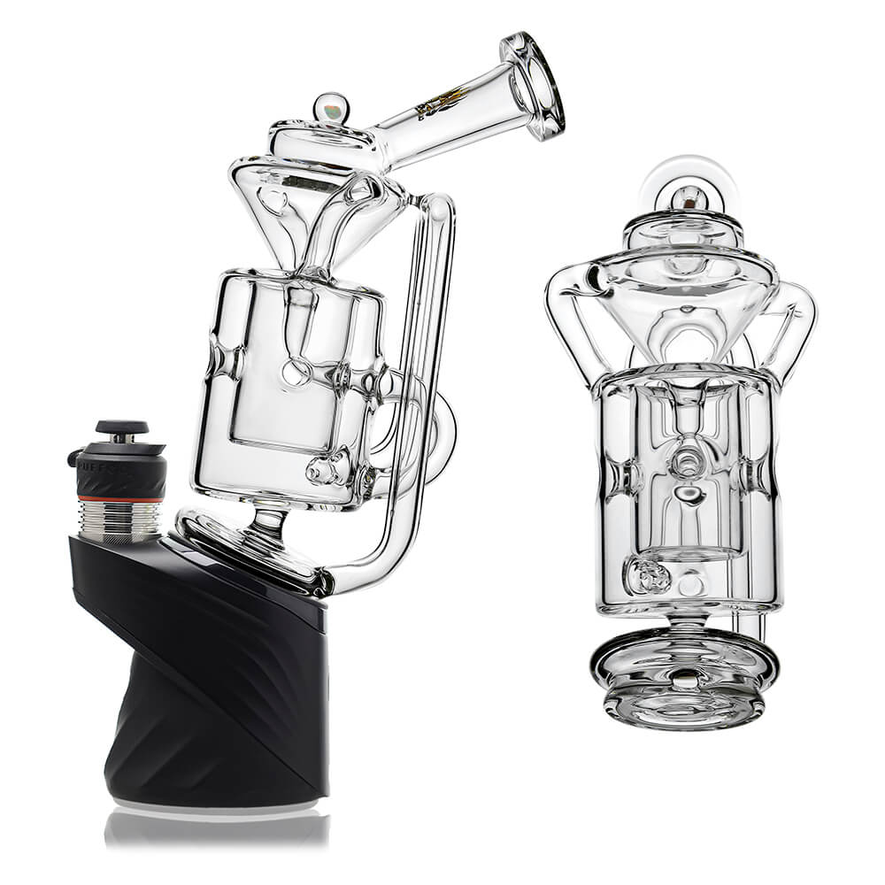 Straight Swiss Recycler Glass Attachment for Puffco Peak OG & Pro by Calibear Glass, shown attached to a black Peak device and standalone, featuring clear borosilicate glass and intricate recycler pathways.