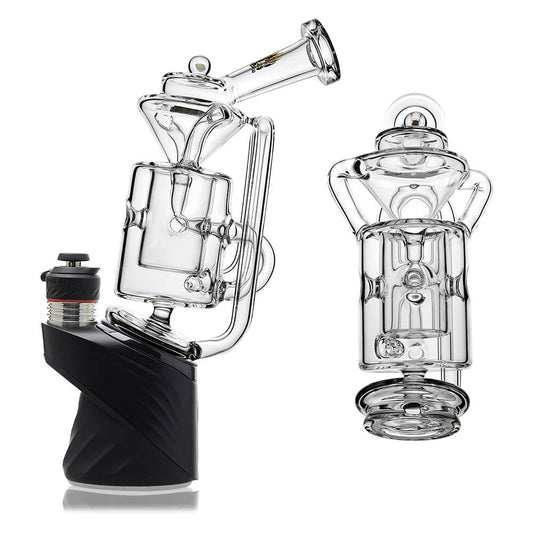 Straight Swiss Recycler Glass Attachment for Puffco Peak OG & Pro by Calibear Glass, shown attached to a black Peak device and standalone, featuring clear borosilicate glass and intricate recycler pathways.