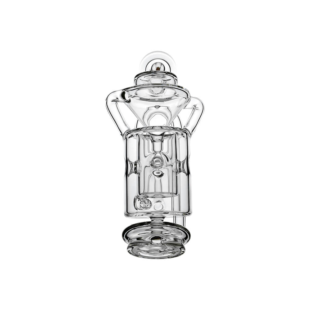 Straight Swiss Recycler Glass Attachment for Puffco Peak OG & Pro by Calibear Glass, shown attached to a black Peak device and standalone, featuring clear borosilicate glass and intricate recycler pathways.