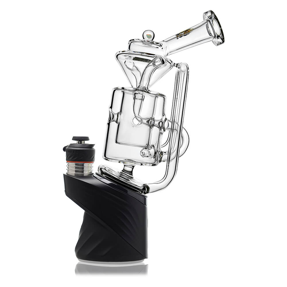 Straight Swiss Recycler Glass Attachment for Puffco Peak OG & Pro by Calibear Glass, shown attached to a black Peak device and standalone, featuring clear borosilicate glass and intricate recycler pathways.