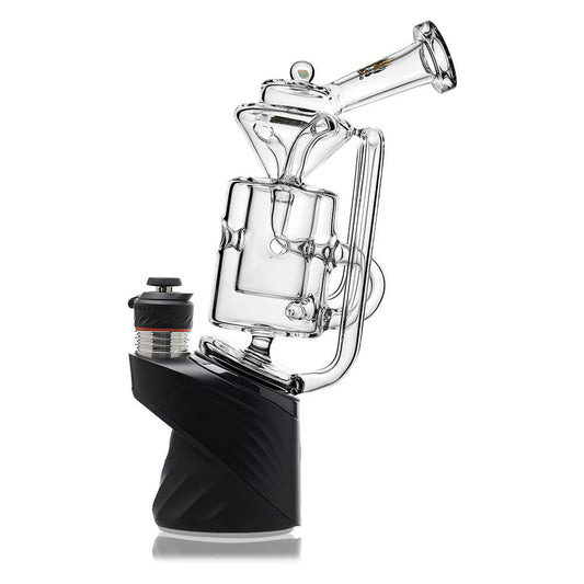 Straight Swiss Recycler Glass Attachment for Puffco Peak OG & Pro by Calibear Glass, shown attached to a black Peak device and standalone, featuring clear borosilicate glass and intricate recycler pathways.