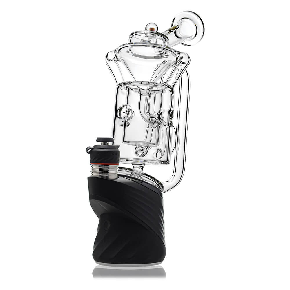 Straight Swiss Recycler Glass Attachment for Puffco Peak OG & Pro by Calibear Glass, shown attached to a black Peak device and standalone, featuring clear borosilicate glass and intricate recycler pathways.