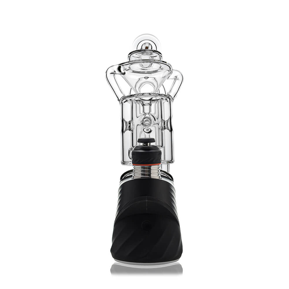 Straight Swiss Recycler Glass Attachment for Puffco Peak OG & Pro by Calibear Glass, shown attached to a black Peak device and standalone, featuring clear borosilicate glass and intricate recycler pathways.