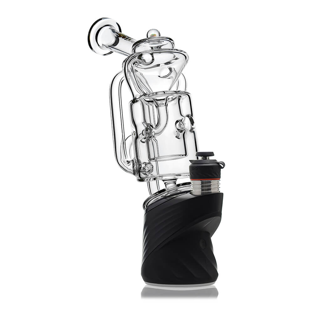Straight Swiss Recycler Glass Attachment for Puffco Peak OG & Pro by Calibear Glass, shown attached to a black Peak device and standalone, featuring clear borosilicate glass and intricate recycler pathways.