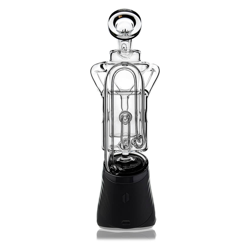 Straight Swiss Recycler Glass Attachment for Puffco Peak OG & Pro by Calibear Glass, shown attached to a black Peak device and standalone, featuring clear borosilicate glass and intricate recycler pathways.