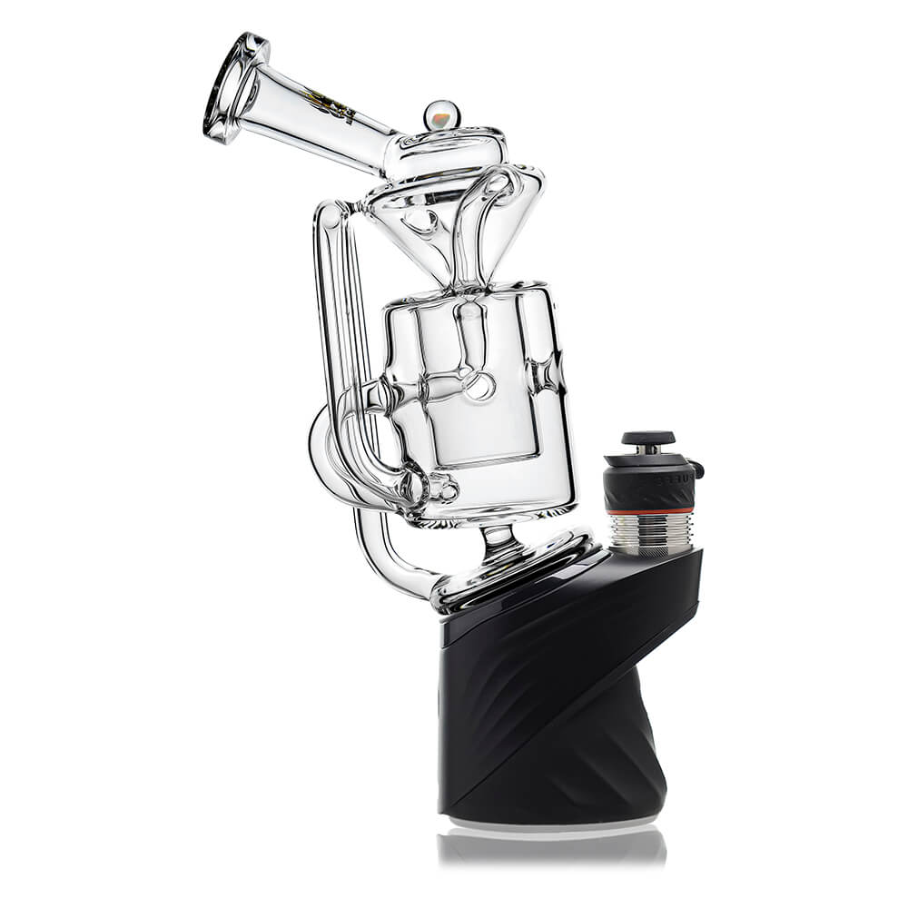 Straight Swiss Recycler Glass Attachment for Puffco Peak OG & Pro by Calibear Glass, shown attached to a black Peak device and standalone, featuring clear borosilicate glass and intricate recycler pathways.