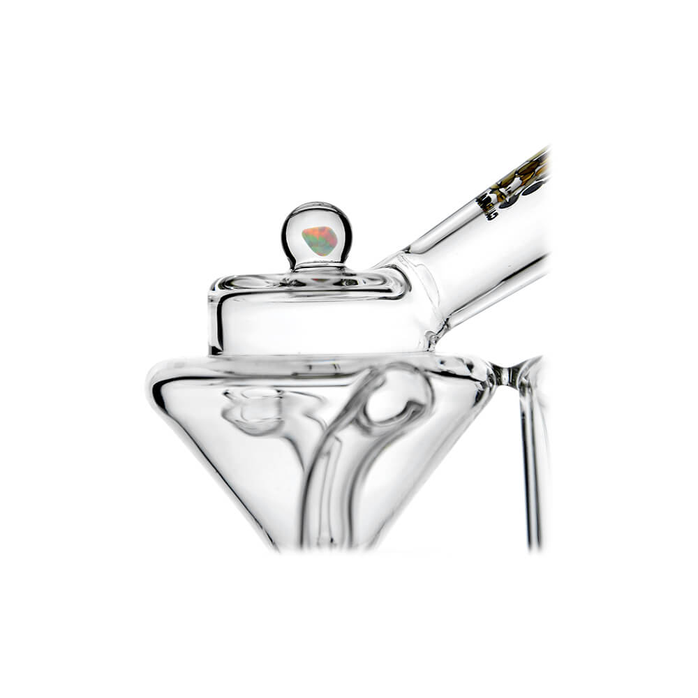Straight Swiss Recycler Glass Attachment for Puffco Peak OG & Pro by Calibear Glass, shown attached to a black Peak device and standalone, featuring clear borosilicate glass and intricate recycler pathways.