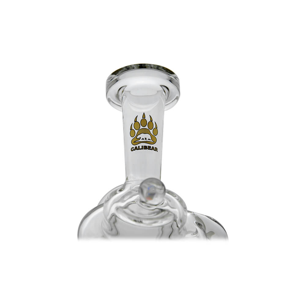 Straight Swiss Recycler Glass Attachment for Puffco Peak OG & Pro by Calibear Glass, shown attached to a black Peak device and standalone, featuring clear borosilicate glass and intricate recycler pathways.