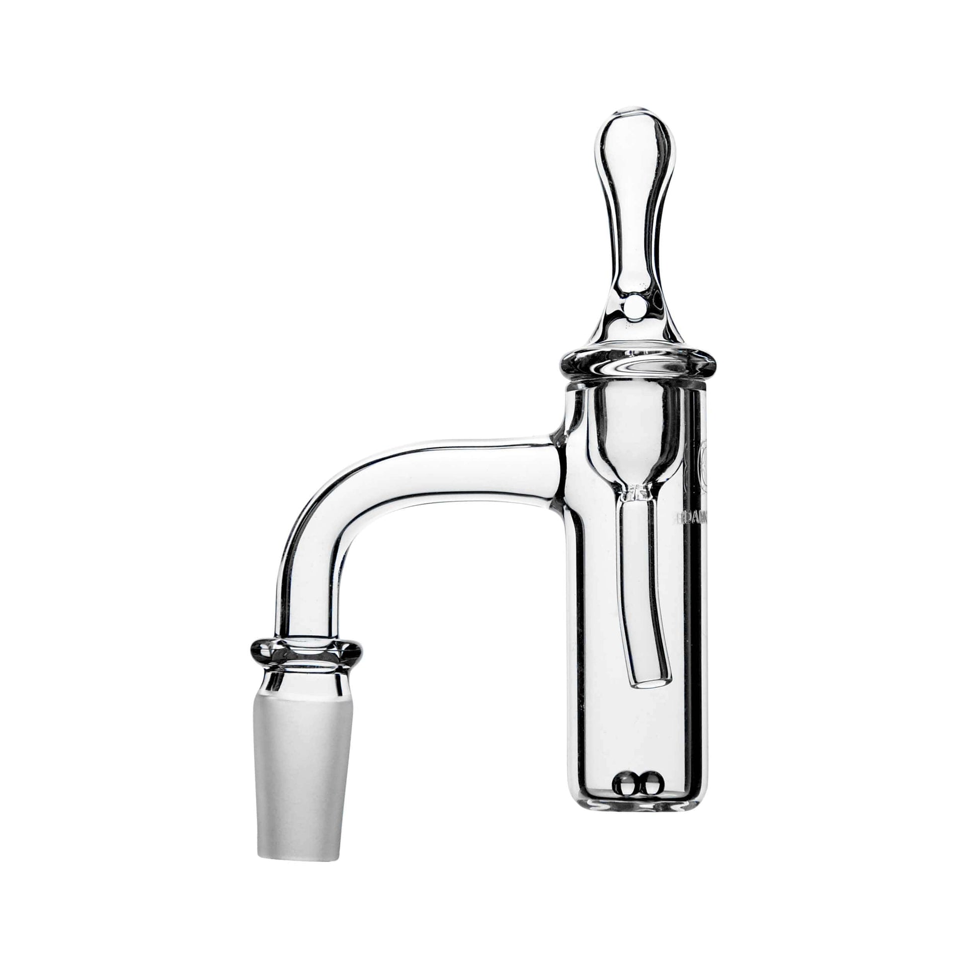 Calibear premium seamless quartz banger with a flat bottom design and a precision directional airflow carb cap for cold start dabbing.