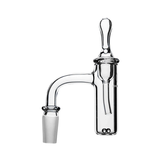 Calibear premium seamless quartz banger with a flat bottom design and a precision directional airflow carb cap for cold start dabbing.