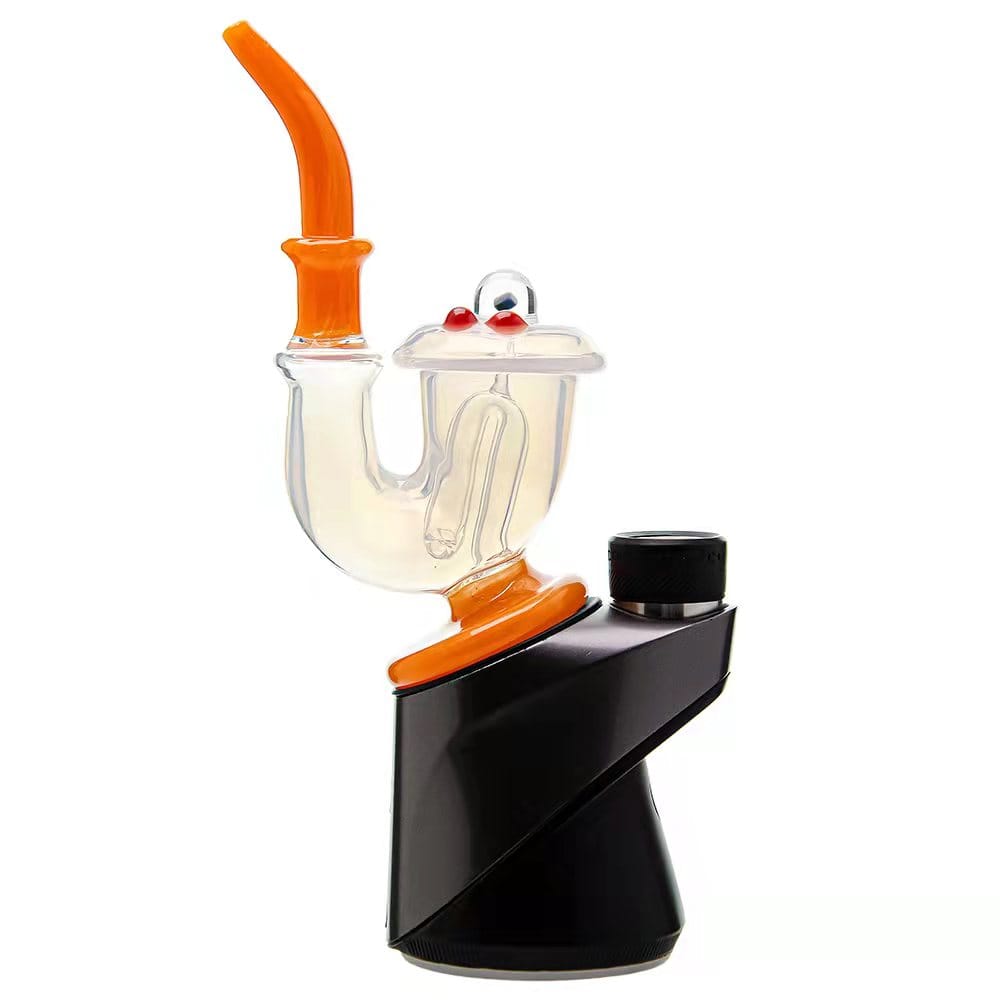 Three Calibear Sherlock Pipe glass attachments in green, clear-orange, and blue colorways mounted onto black Puffco Peak e-rig bases, showcasing curved necks and internal styling.