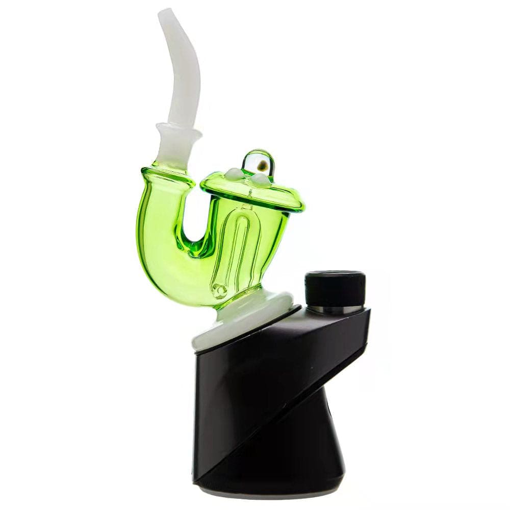 Three Calibear Sherlock Pipe glass attachments in green, clear-orange, and blue colorways mounted onto black Puffco Peak e-rig bases, showcasing curved necks and internal styling.