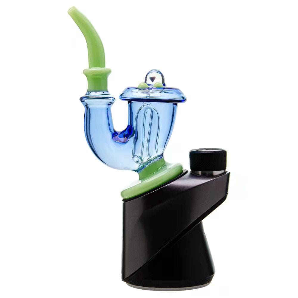 Three Calibear Sherlock Pipe glass attachments in green, clear-orange, and blue colorways mounted onto black Puffco Peak e-rig bases, showcasing curved necks and internal styling.