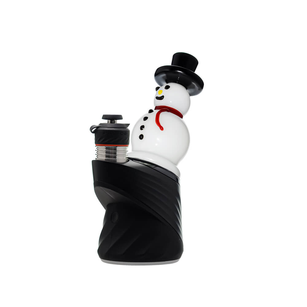 Calibear Snowman glass top attachment with black top hat and red scarf shown on a Puffco Peak device and standalone.