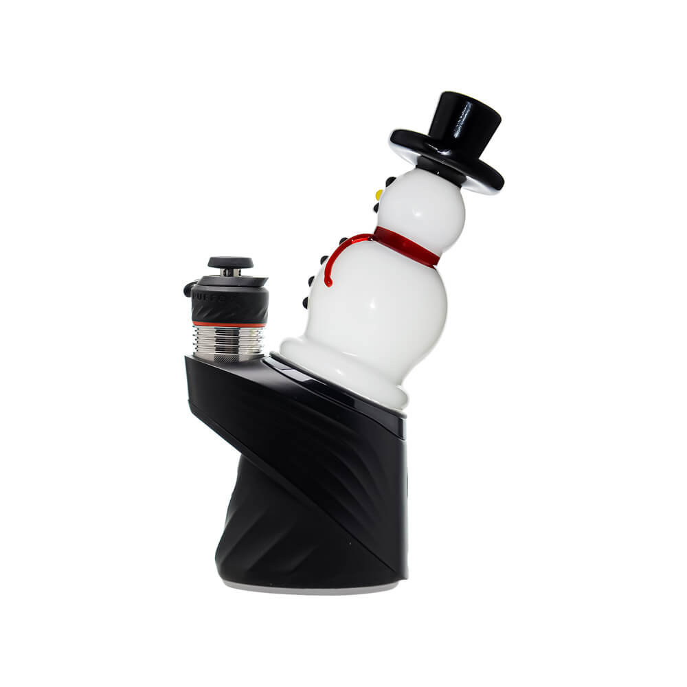 Calibear Snowman glass top attachment with black top hat and red scarf shown on a Puffco Peak device and standalone.