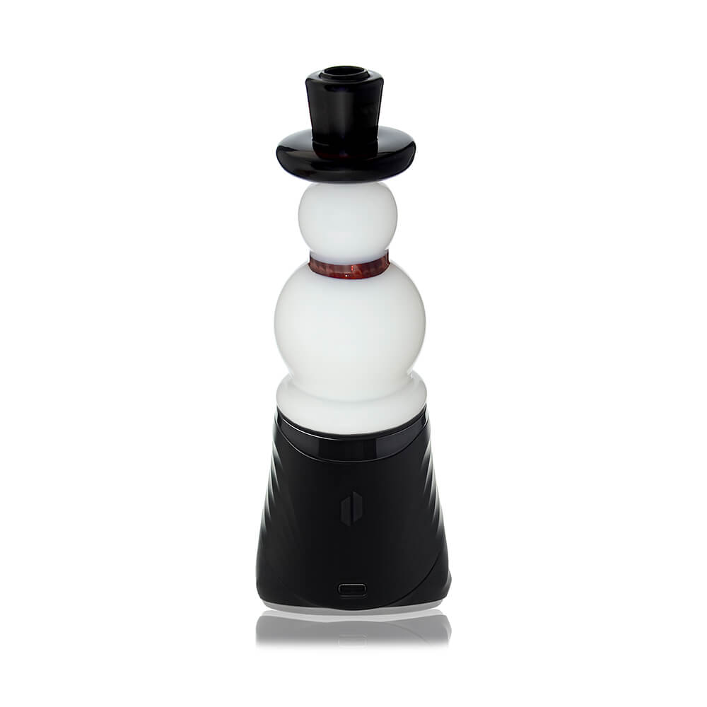 Calibear Snowman glass top attachment with black top hat and red scarf shown on a Puffco Peak device and standalone.