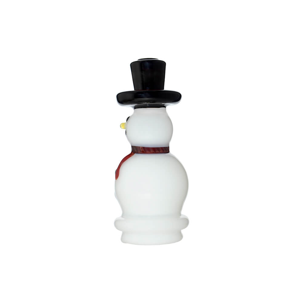 Calibear Snowman glass top attachment with black top hat and red scarf shown on a Puffco Peak device and standalone.