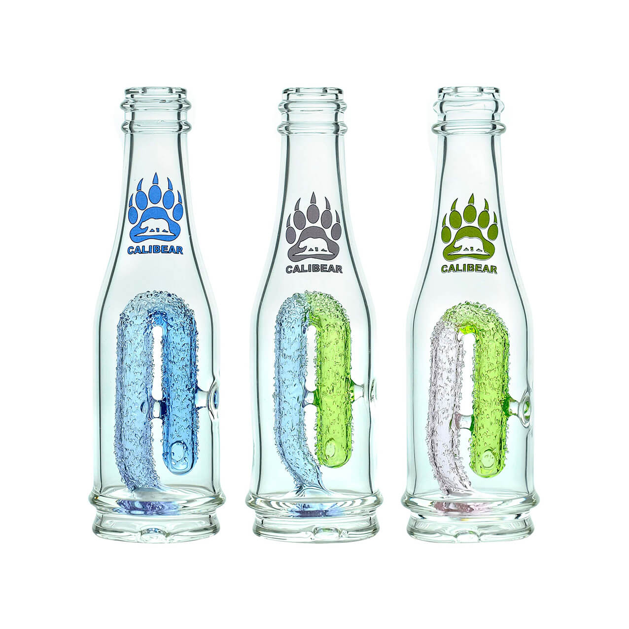 Three Calibear soda splash Puffco Peak glass attachment function video, displayed side by side in blue, green, and silver-purple colorways — each featuring a clear borosilicate soda bottle silhouette, textured encased internal recycler loop, pinhole percolator, and Calibear paw logo print, standing 5.9 inches tall.