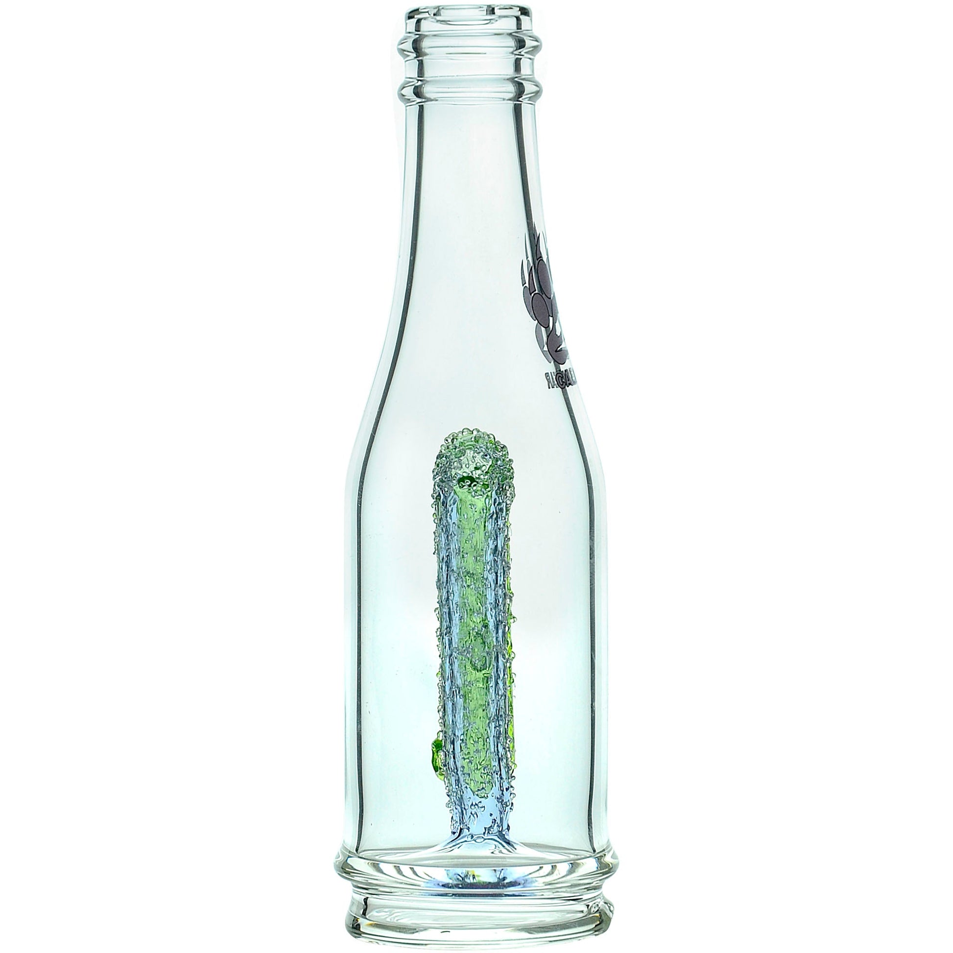 Calibear soda splash Puffco Peak glass attachment function video, featuring a clear borosilicate soda bottle silhouette, textured encased internal recycler loop, pinhole percolator, and Calibear paw logo print, standing 5.9 inches tall.