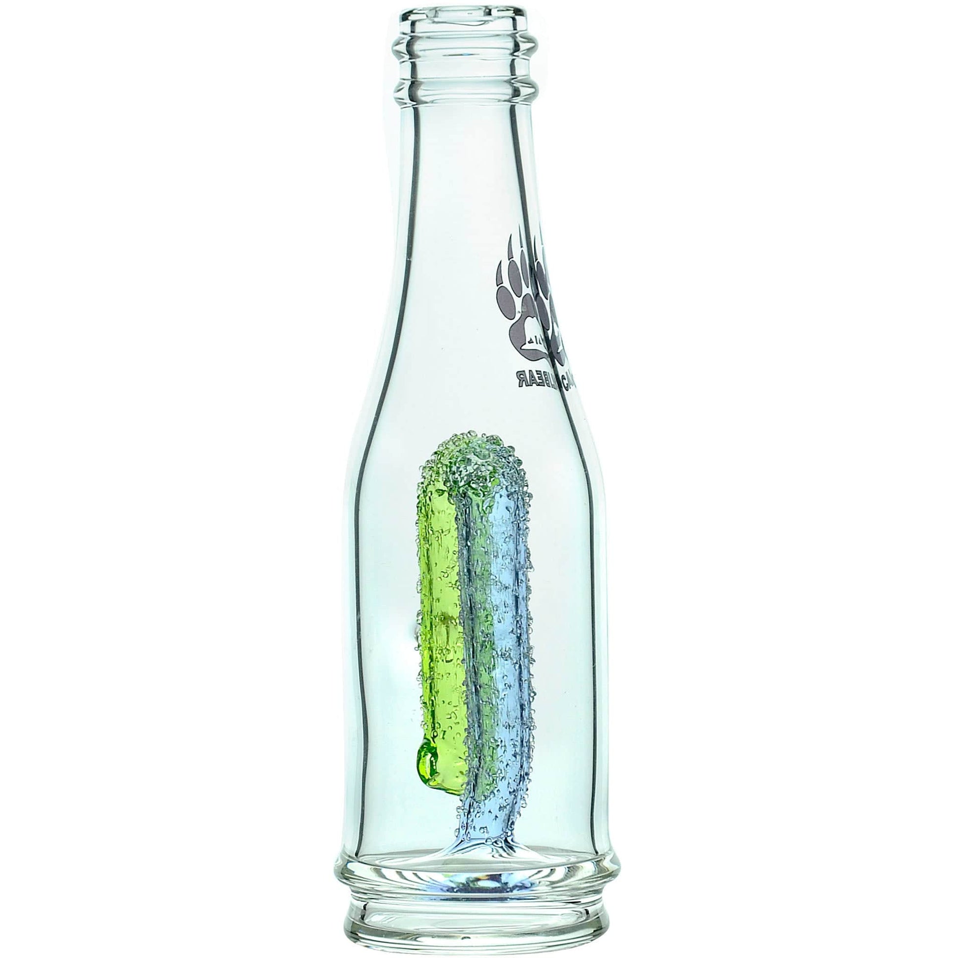 Calibear soda splash Puffco Peak glass attachment function video, featuring a clear borosilicate soda bottle silhouette, textured encased internal recycler loop, pinhole percolator, and Calibear paw logo print, standing 5.9 inches tall.