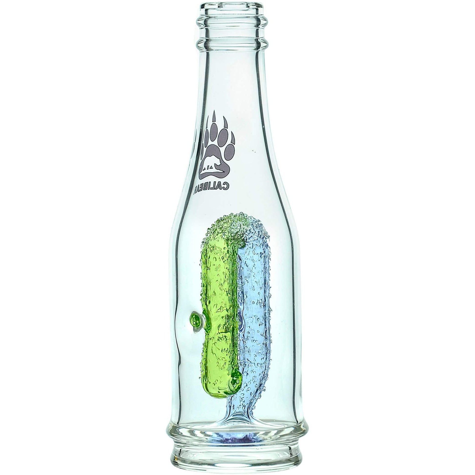 Calibear soda splash Puffco Peak glass attachment function video, featuring a clear borosilicate soda bottle silhouette, textured encased internal recycler loop, pinhole percolator, and Calibear paw logo print, standing 5.9 inches tall.