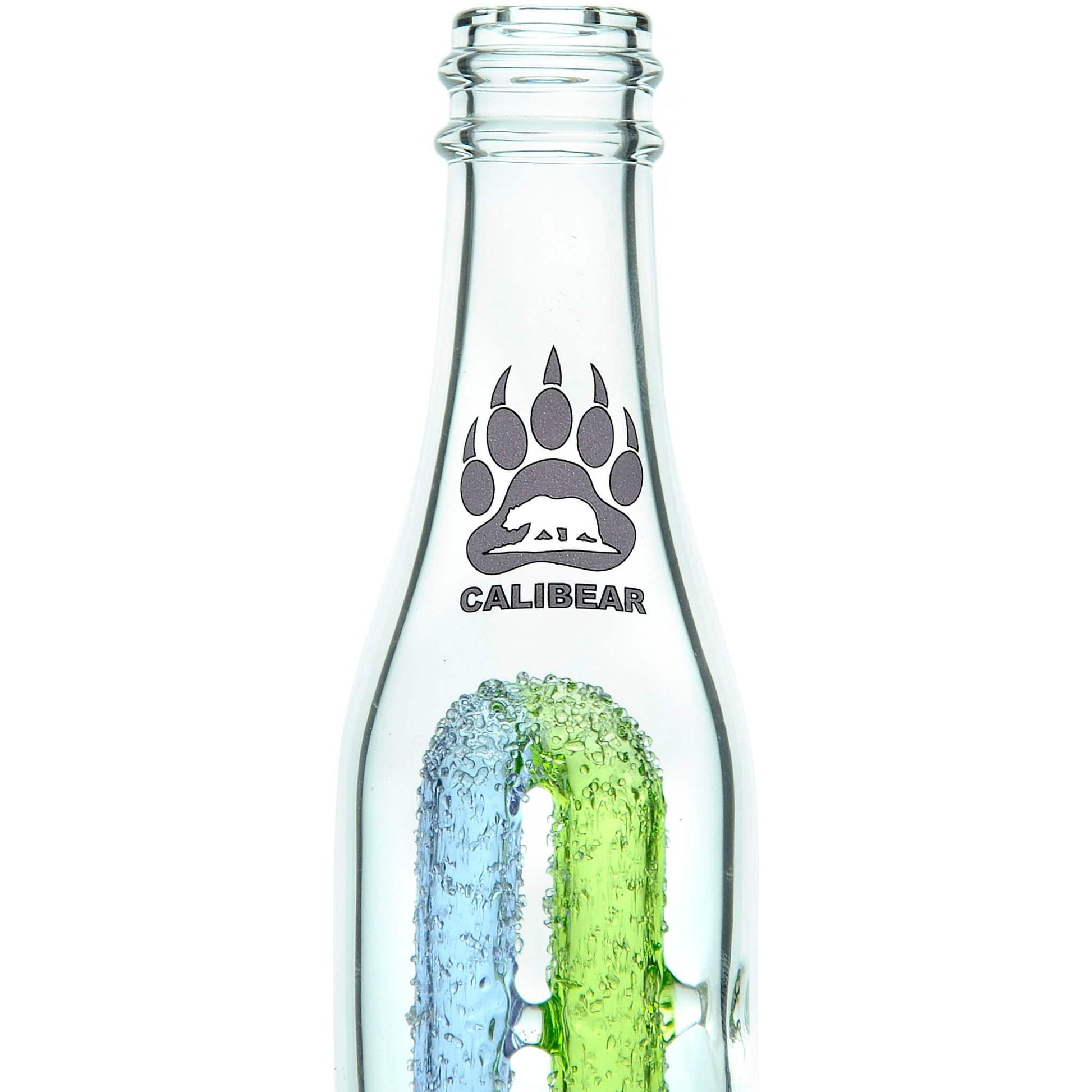 Calibear soda splash Puffco Peak glass attachment function video, featuring a clear borosilicate soda bottle silhouette, textured encased internal recycler loop, pinhole percolator, and Calibear paw logo print, standing 5.9 inches tall.