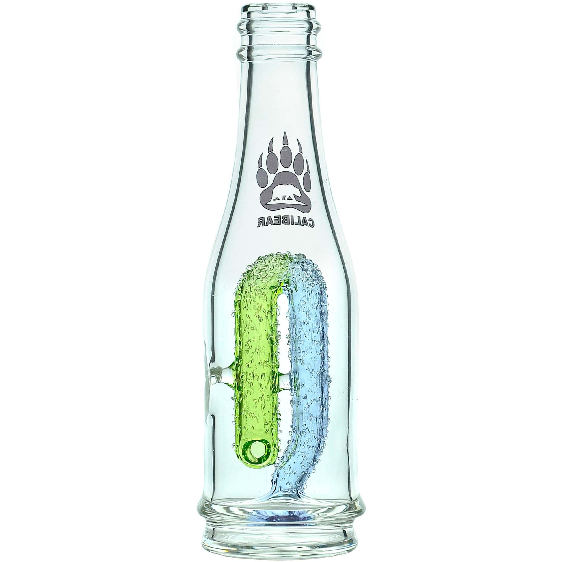 Calibear soda splash Puffco Peak glass attachment function video, featuring a clear borosilicate soda bottle silhouette, textured encased internal recycler loop, pinhole percolator, and Calibear paw logo print, standing 5.9 inches tall.