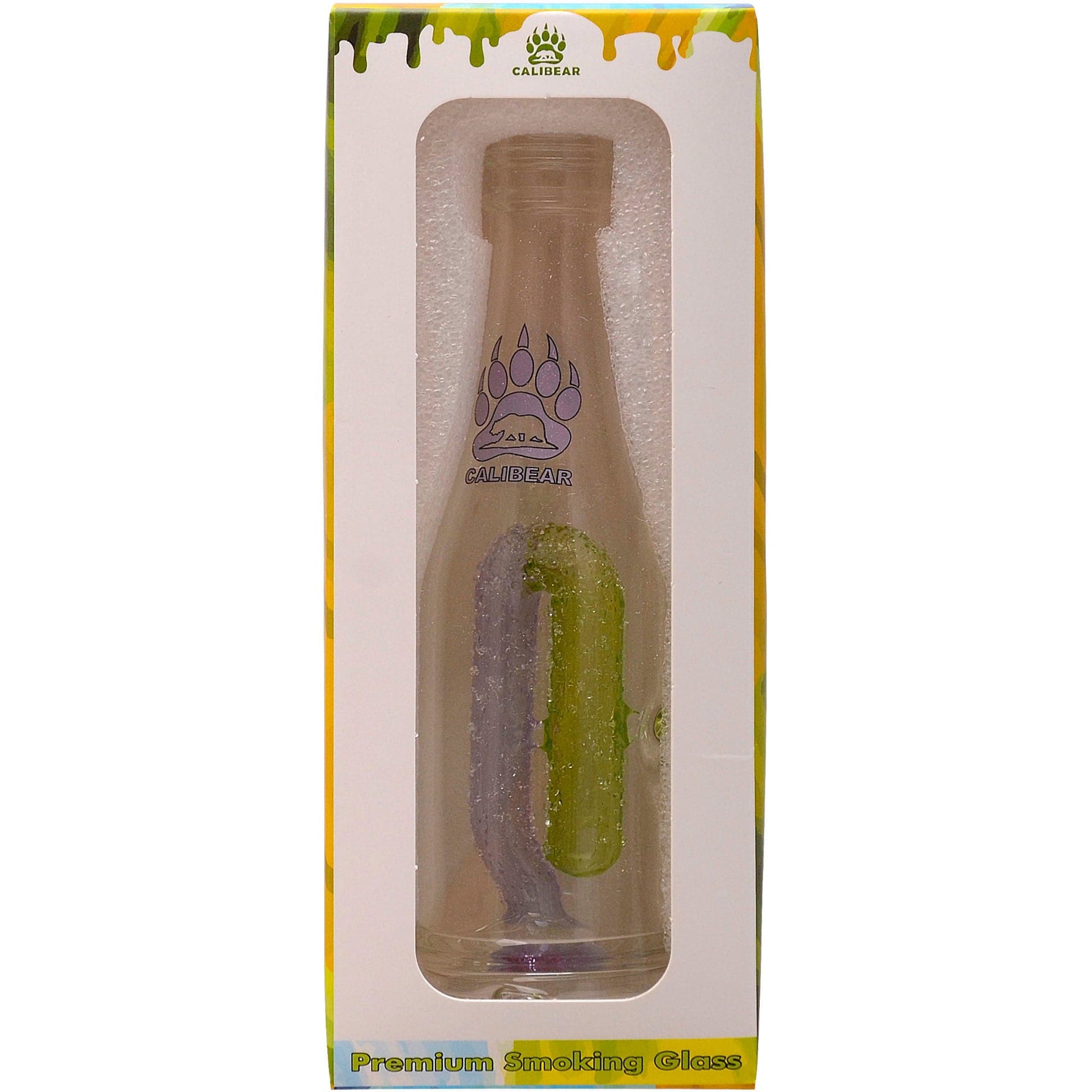 Calibear soda splash Puffco Peak glass attachment function video, featuring a clear borosilicate soda bottle silhouette, textured encased internal recycler loop, pinhole percolator, and Calibear paw logo print, standing 5.9 inches tall.