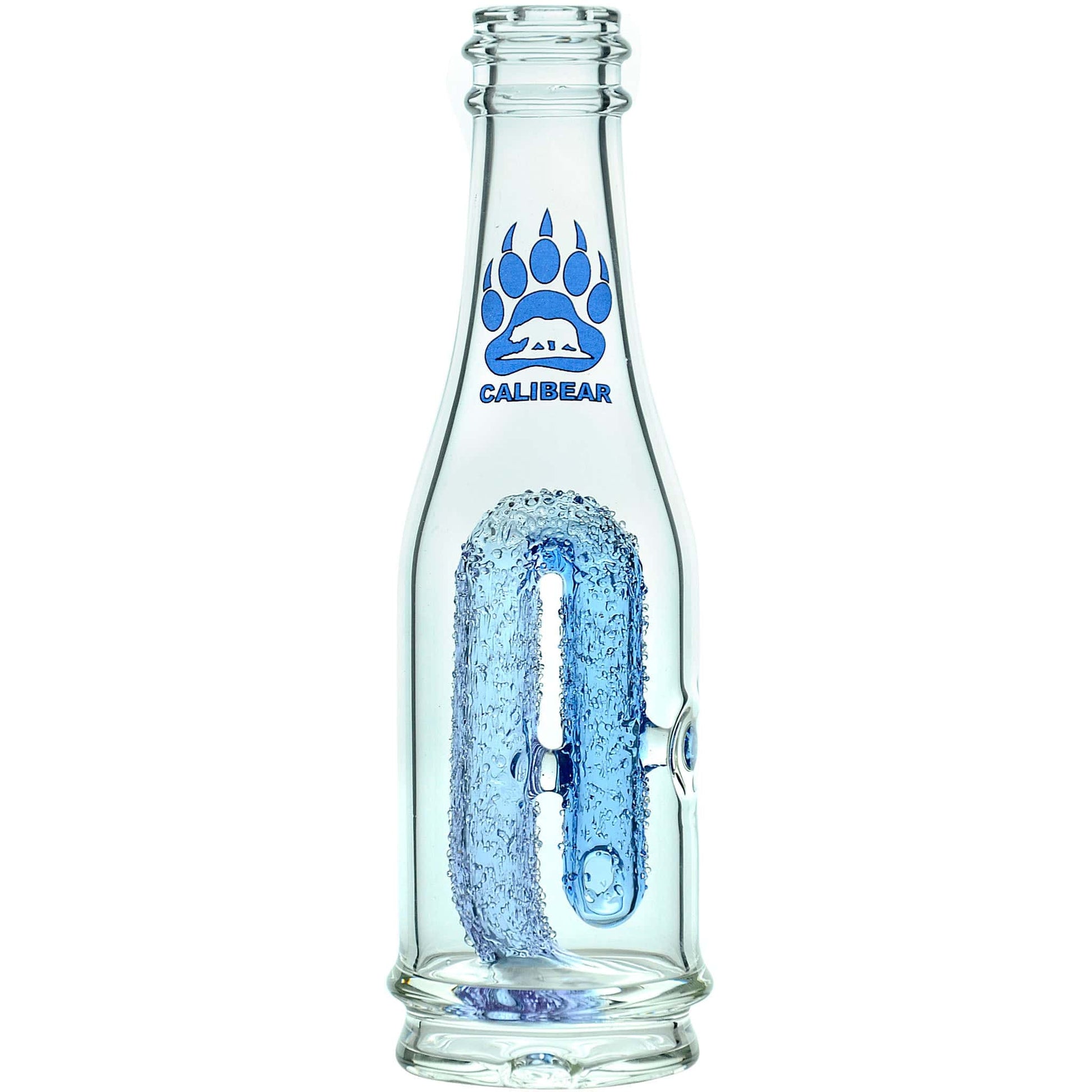 Calibear soda splash Puffco Peak glass attachment function video, featuring a clear borosilicate soda bottle silhouette, textured encased internal recycler loop, pinhole percolator, and Calibear paw logo print, standing 5.9 inches tall.
