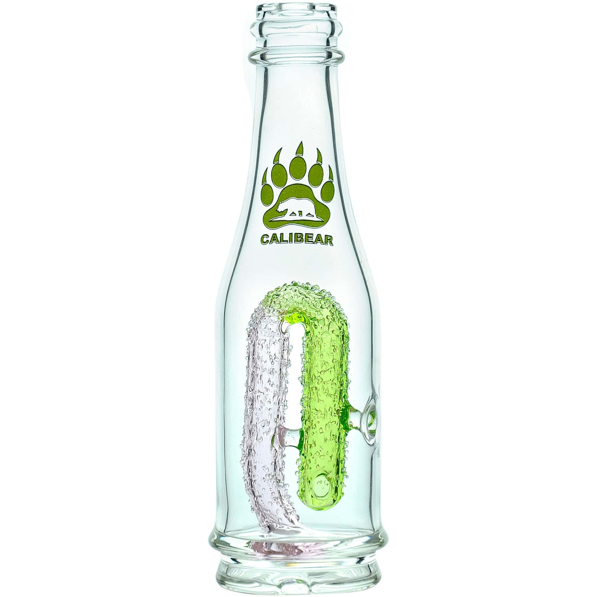 Calibear soda splash Puffco Peak glass attachment function video, featuring a clear borosilicate soda bottle silhouette, textured encased internal recycler loop, pinhole percolator, and Calibear paw logo print, standing 5.9 inches tall.