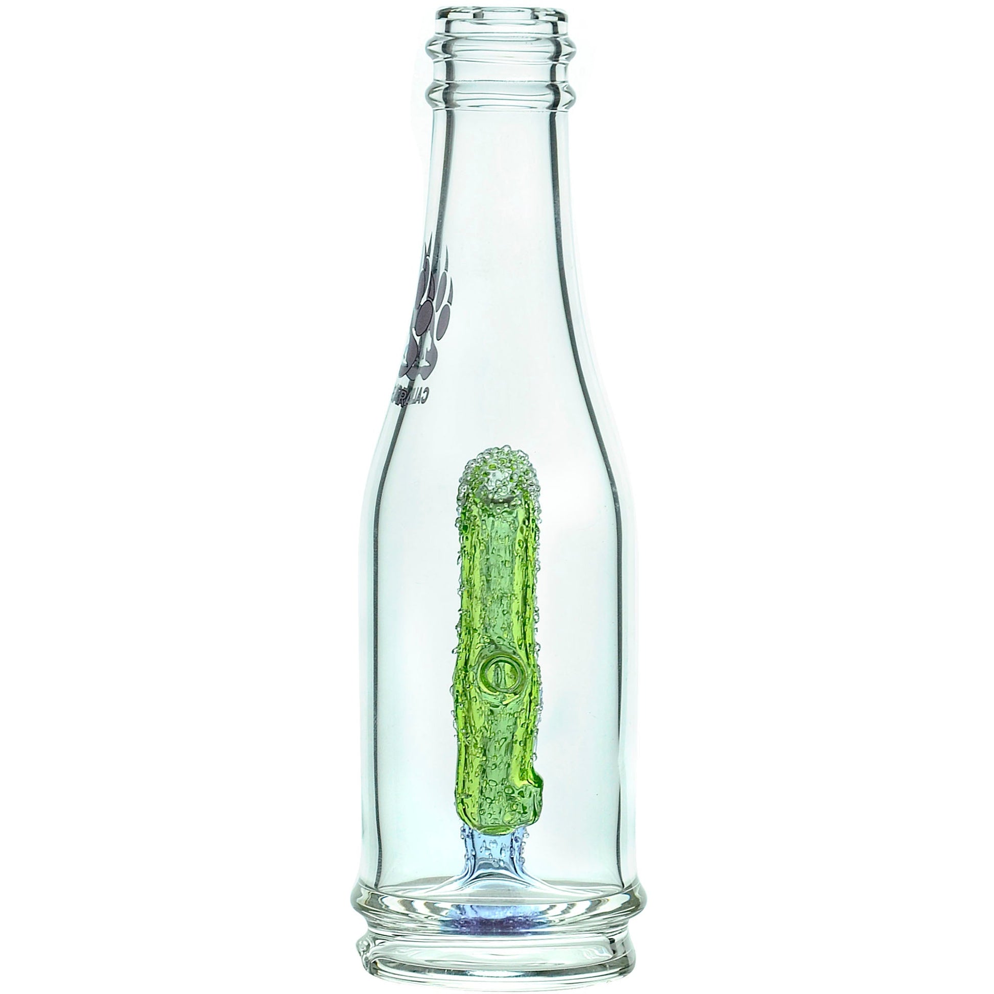 Calibear soda splash Puffco Peak glass attachment function video, featuring a clear borosilicate soda bottle silhouette, textured encased internal recycler loop, pinhole percolator, and Calibear paw logo print, standing 5.9 inches tall.