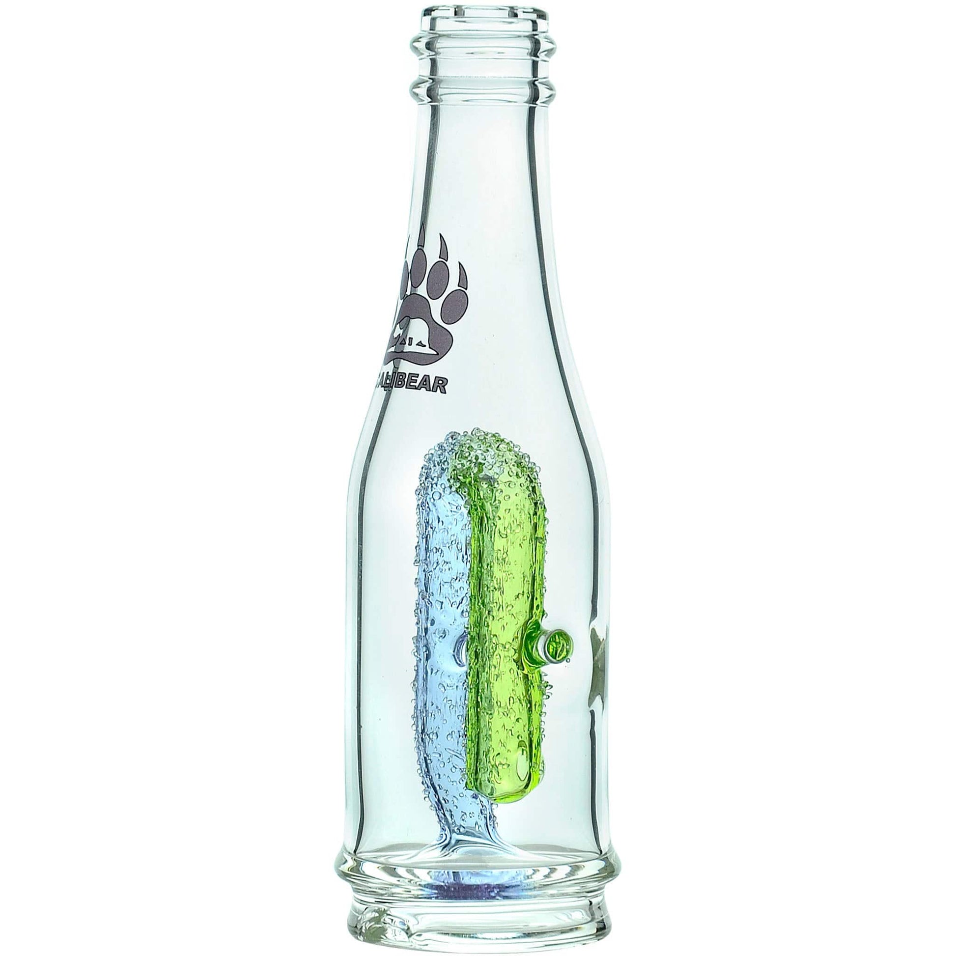 Calibear soda splash Puffco Peak glass attachment function video, featuring a clear borosilicate soda bottle silhouette, textured encased internal recycler loop, pinhole percolator, and Calibear paw logo print, standing 5.9 inches tall.