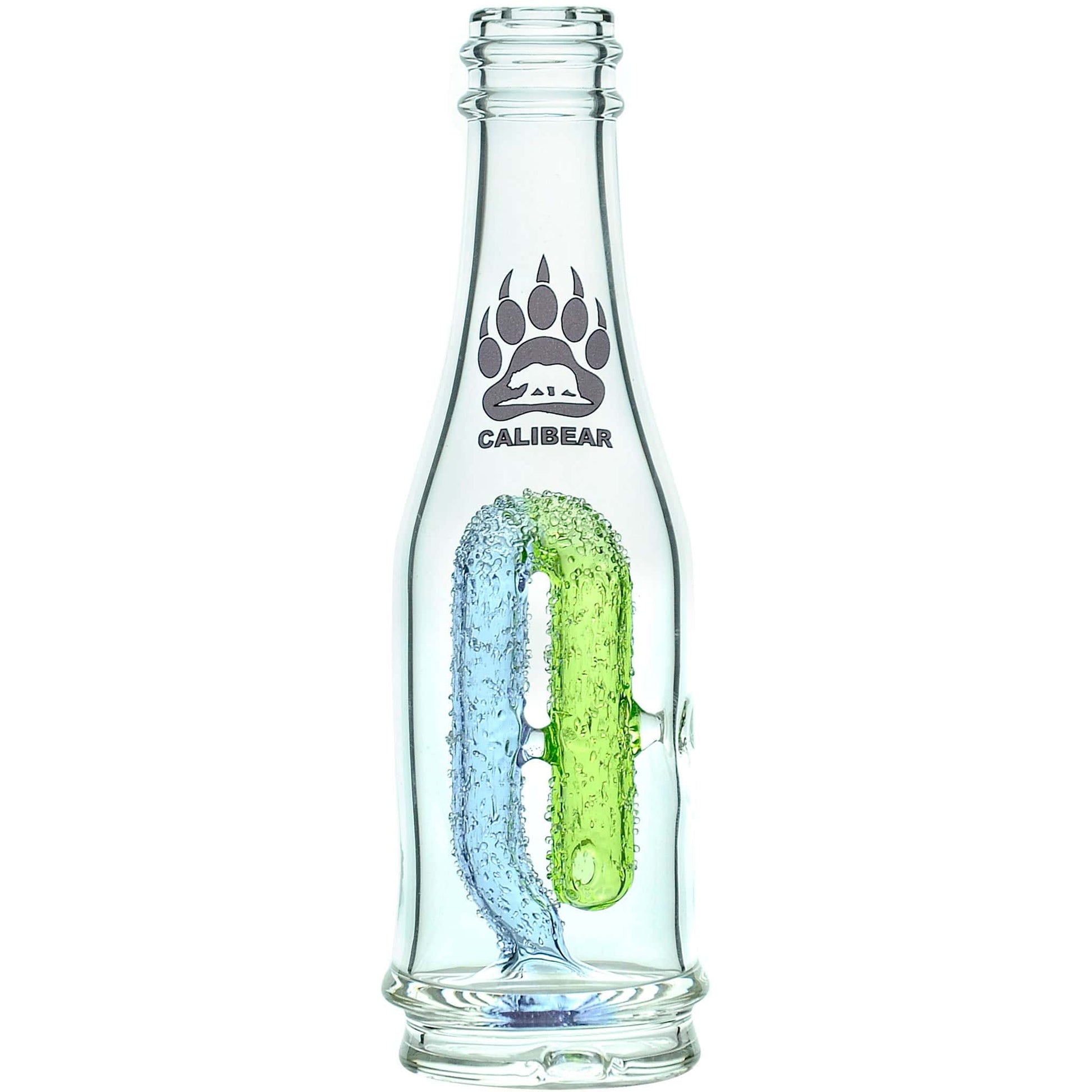 Calibear soda splash Puffco Peak glass attachment function video, featuring a clear borosilicate soda bottle silhouette, textured encased internal recycler loop, pinhole percolator, and Calibear paw logo print, standing 5.9 inches tall.