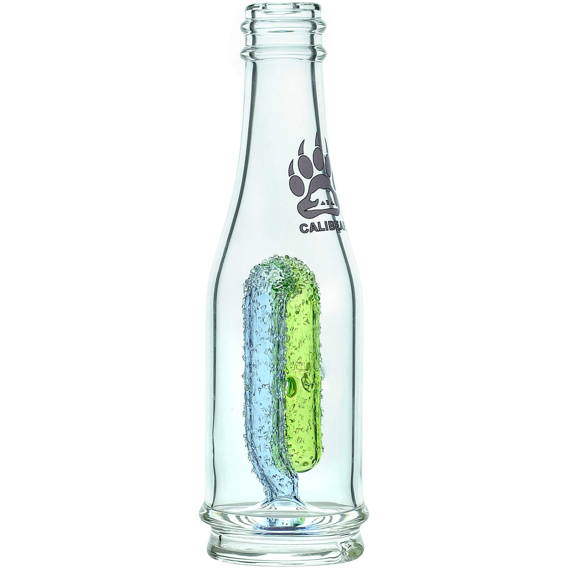 Calibear soda splash Puffco Peak glass attachment function video, featuring a clear borosilicate soda bottle silhouette, textured encased internal recycler loop, pinhole percolator, and Calibear paw logo print, standing 5.9 inches tall.