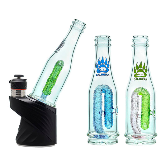 Calibear soda splash Puffco Peak glass attachment function video, featuring a clear borosilicate soda bottle silhouette, textured encased internal recycler loop, pinhole percolator, and Calibear paw logo print, standing 5.9 inches tall.