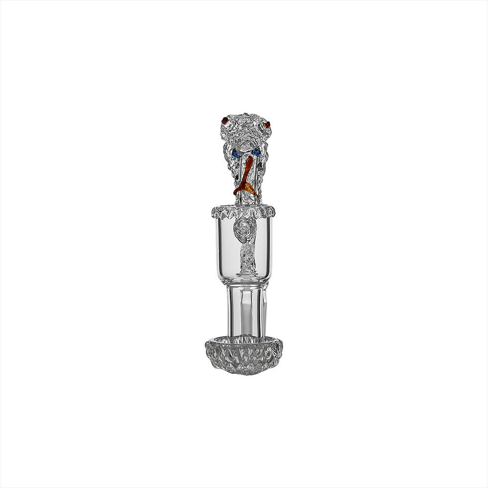 Front view of Calibear Space King Snake Banger (Clear) showing sculpted snake head, colored facial accents and glass cup design