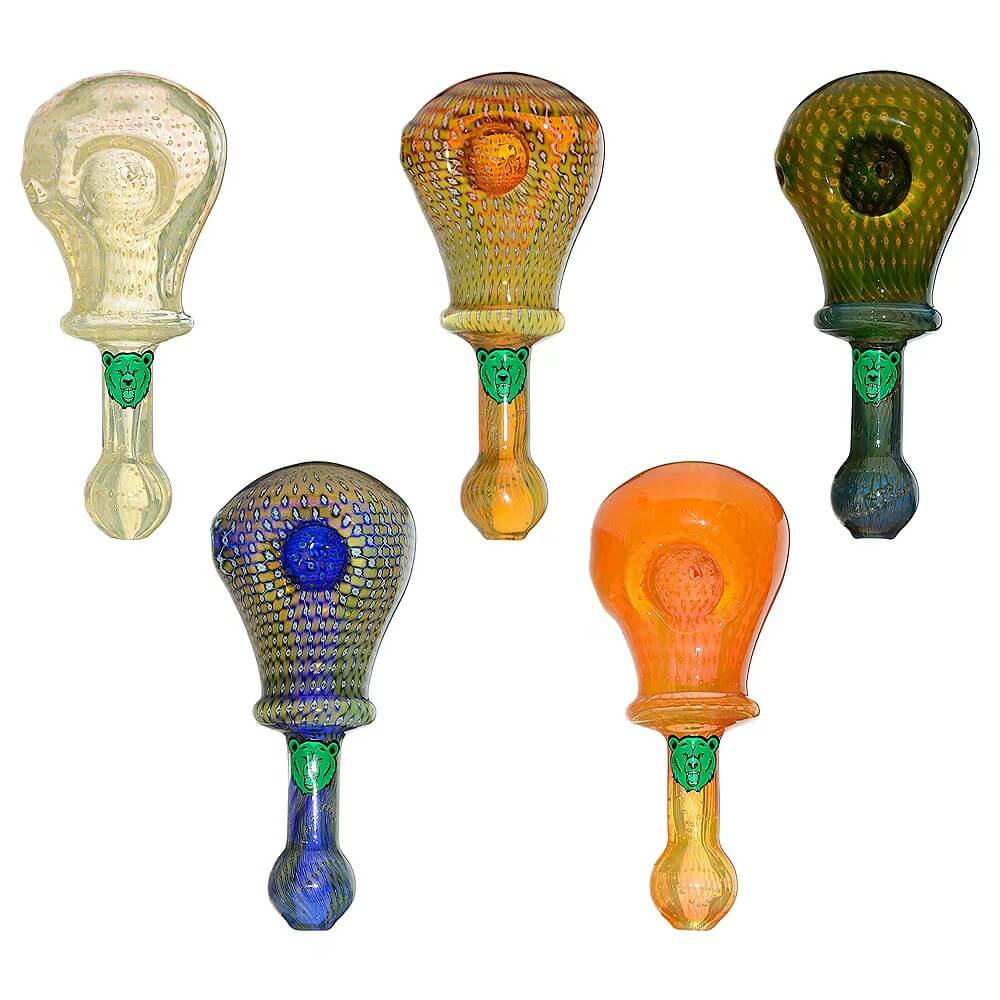 Five CaliBear Speckled Head Spoon Pipes with slim handles in fumed white, amber textured lace, dark green, blue weave, and solid orange patterns, featuring the green bear logo.