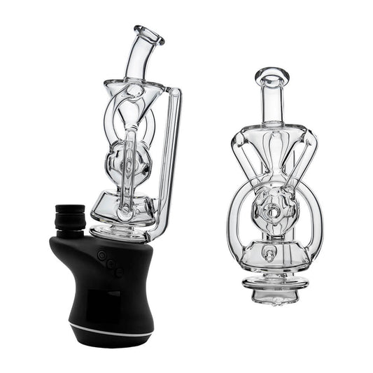 CaliBear Swiss Fab Recycler glass attachment for Focus V Carta e-rig featuring clear borosilicate glass and intricate percolation holes.