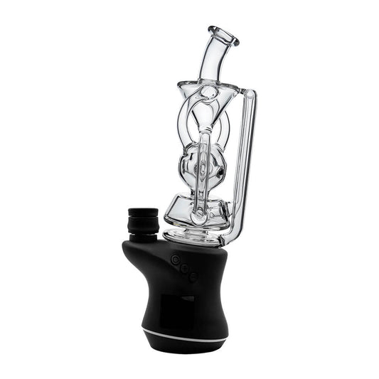 CaliBear Swiss Fab Recycler glass attachment for Focus V Carta e-rig featuring clear borosilicate glass and intricate percolation holes.
