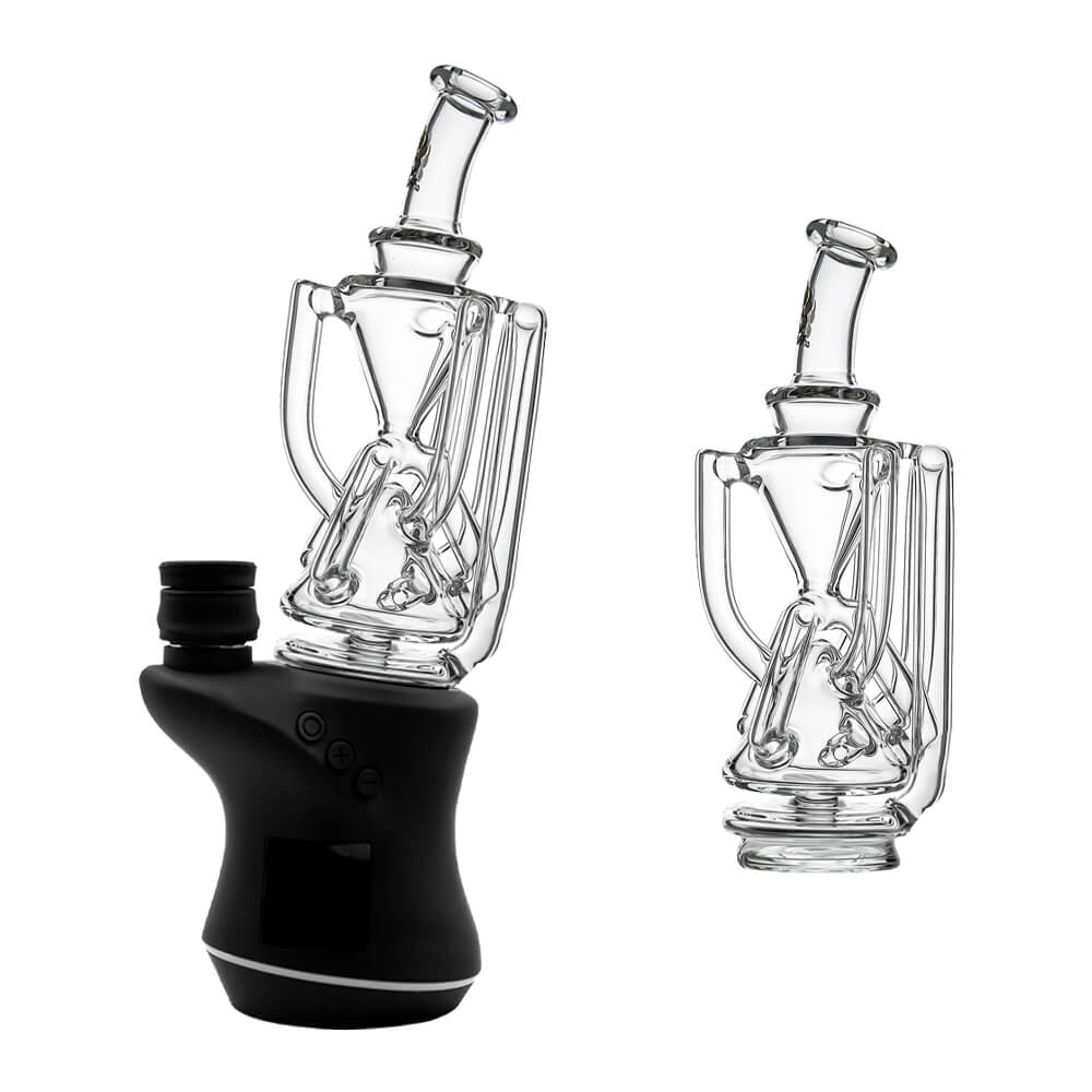 Clear glass Tri-Cycler glass attachment for Focus V Carta e-rig shown mounted on device and standalone showcasing the hourglass chamber and external recycling tubes.