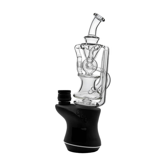CaliBear Triple Donut Recycler glass attachment for Focus V Carta e-rig with clear glass and three-donut recycling chambers.