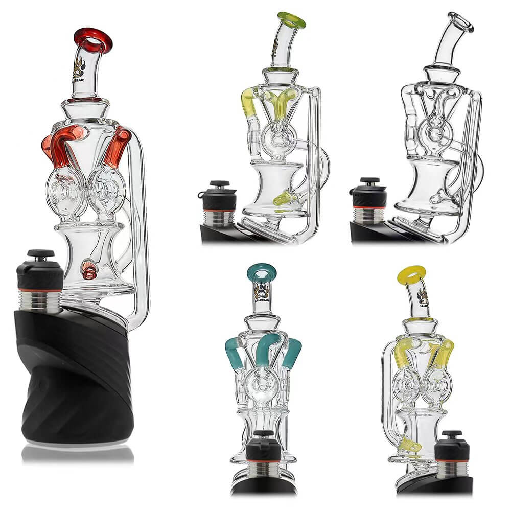 Calibear triple donut recycler glass attachment for Puffco Peak OG and Peak Pro with colored recycler arms and advanced water filtration.