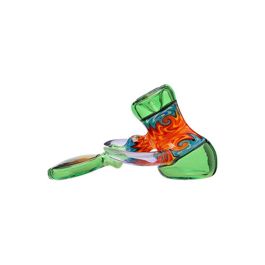 Four CaliBear handcrafted heady wigwag hammer pipes in red, green, purple, and clear glass featuring intricate orange and blue swirl linework and flat-bottom designs.