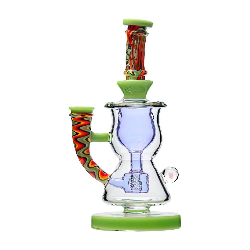 Calibear Wigwag Curvy Torus Incycler Dab Rig featuring handcrafted borosilicate glass, torus chamber recycler design, colorful wigwag accents, and compact 8-inch functional glass construction